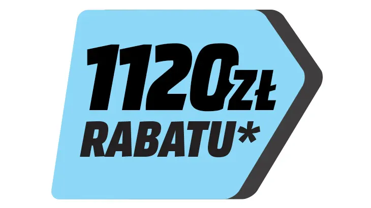 Niebieska etykieta z czerwonym obramowaniem. Na etykiecie napis czarną czcionką: 1120 zł RABATU*.