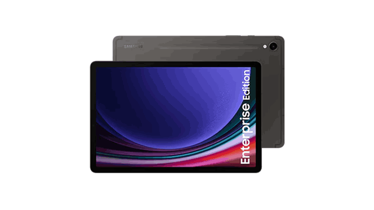 Tablety Samsung Galaxy Enterprise Edition w kolorze szarym na białym tle.