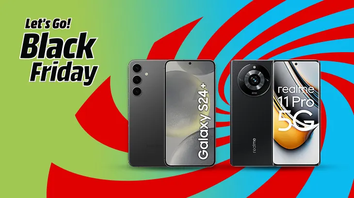Cztery smartfony na tle z napisem "Black Friday". Z lewej Samsung Galaxy S24+, z prawej Realme 11 Pro 5G.