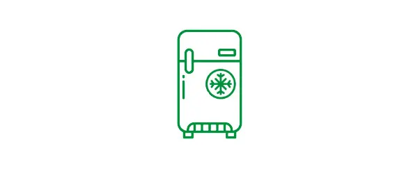 Zielony ikona lodówki z uchwytem, śnieżynką i wentylacją u dołu na białym tle.