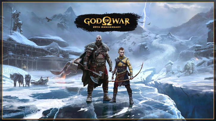 Na obrazie widnieją Kratos i Atreus na tle śnieżnego krajobrazu z logiem "God of War 20th Anniversary" u góry.