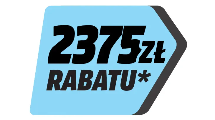 Niebieska ikona z czerwonym obramowaniem, wyświetlająca czarną czcionką tekst "2375 zł RABATU*".