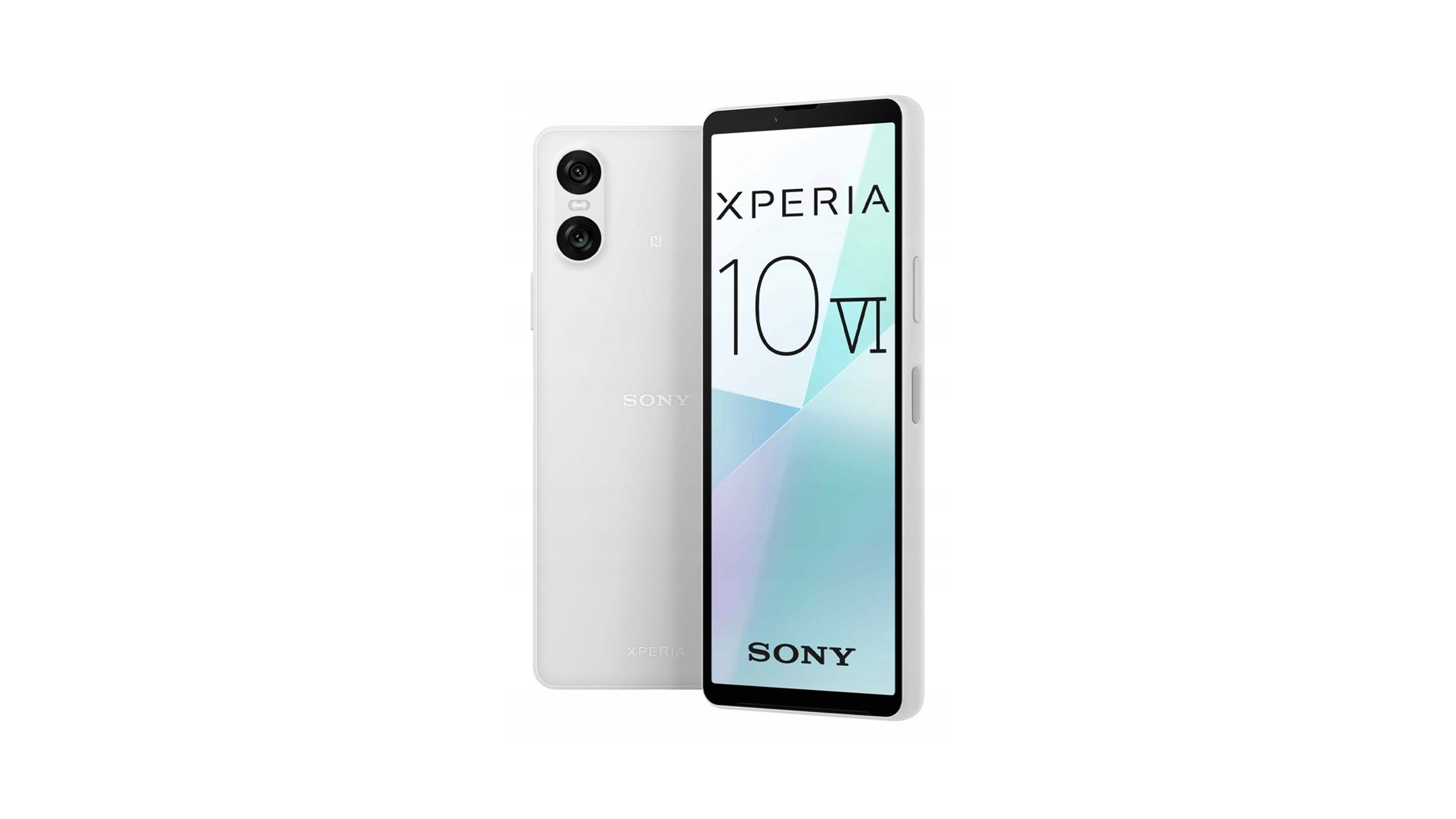 Biały smartfon Sony Xperia 10 VI pokazany z przodu i z tyłu na białym tle; ekran wyświetla kolorowy interfejs i logo Sony, a z tyłu widoczny jest podwójny aparat.