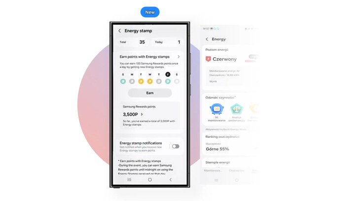 Na ekranie smartfona widoczna aplikacja Energy Stamp z punktami do zdobycia. Jest opcja zarabiania punktów i powiadomienia.