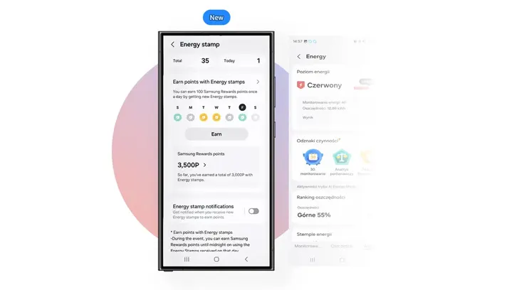 Na ekranie smartfona widoczna aplikacja Energy Stamp z punktami do zdobycia. Jest opcja zarabiania punktów i powiadomienia.