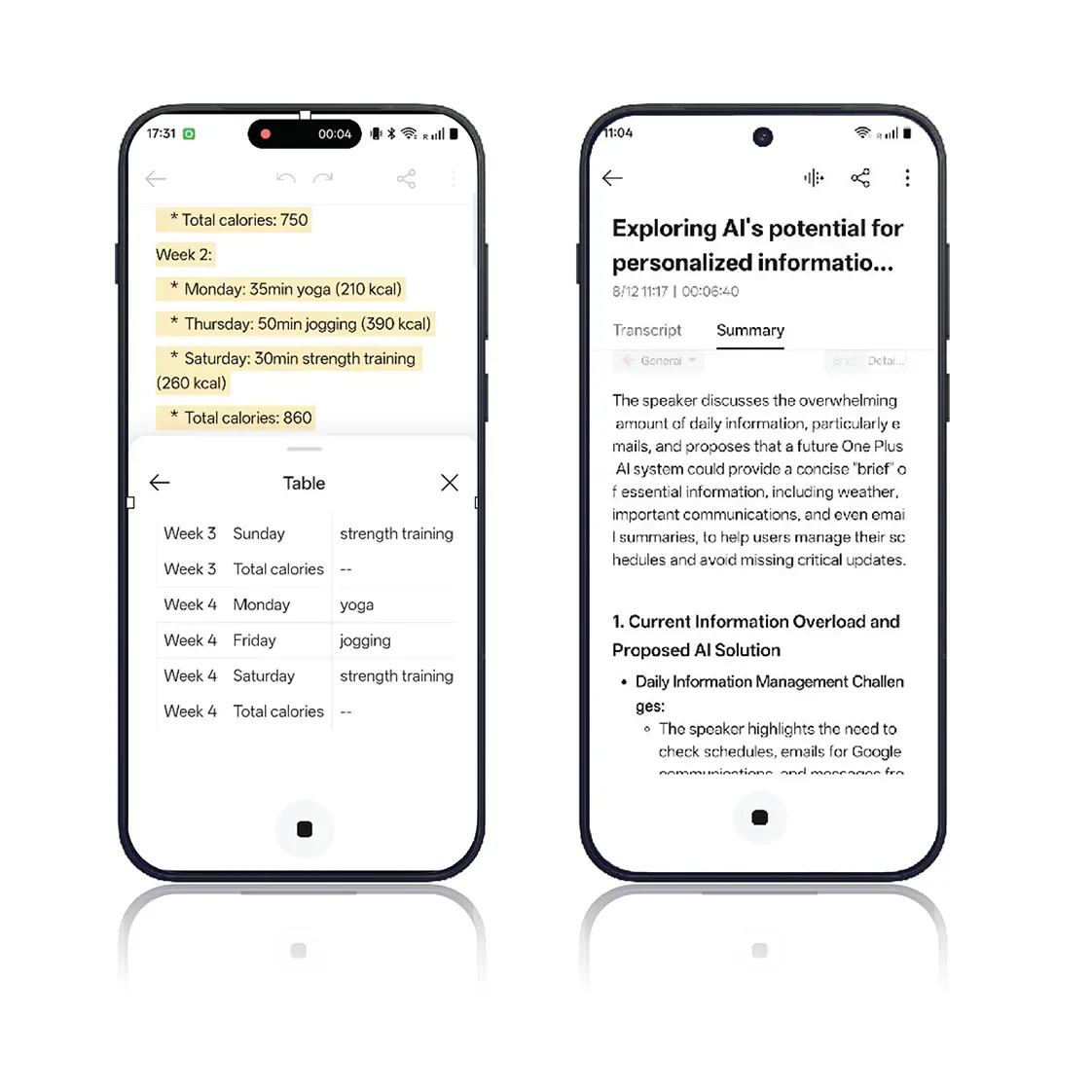 Dwa smartfony prezentujące usługi: AI Writer oraz AI Recorder