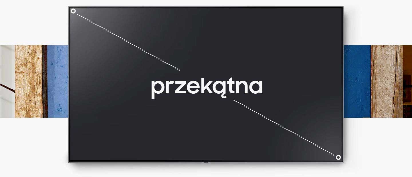 Ekran telewizora na białym tle z napisem "przekątna" i linią z kropek od rogu do rogu. Po bokach drewno i niebieska farba.
