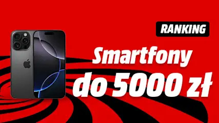 Czerwone tło z czarnymi wirami, dwa smartfony i biały tekst "Smartfony do 5000 zł" z czarnym napisem "Ranking".