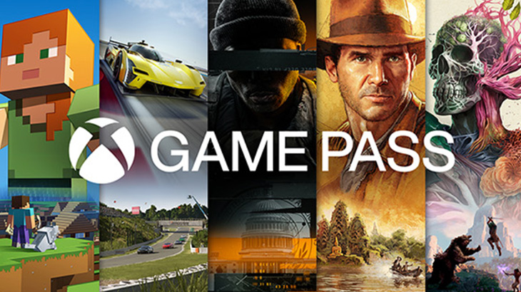 Grafika prezentuje kolaż okładek gier wideo z napisem "GAME PASS" na środku. Widać postacie z Minecrafta, samochód wyścigowy i inne elementy.