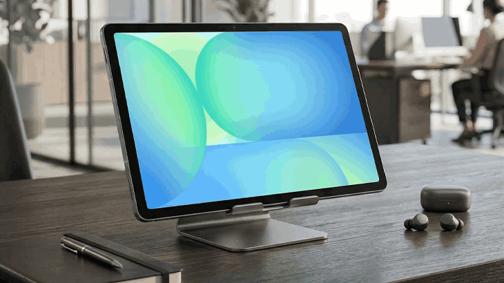 Laptop na stojaku stojący na biurku, obok słuchawki, w tle dwoje ludzi przy biurku.