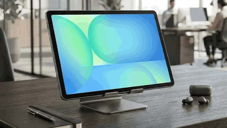 Laptop na stojaku stojący na biurku, obok słuchawki, w tle dwoje ludzi przy biurku.