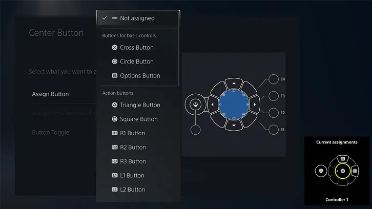 Menu ustawień kontrolera z opcjami przypisywania funkcji do przycisków, w tym krzyżyka, kółka, trójkąta i kwadratu.