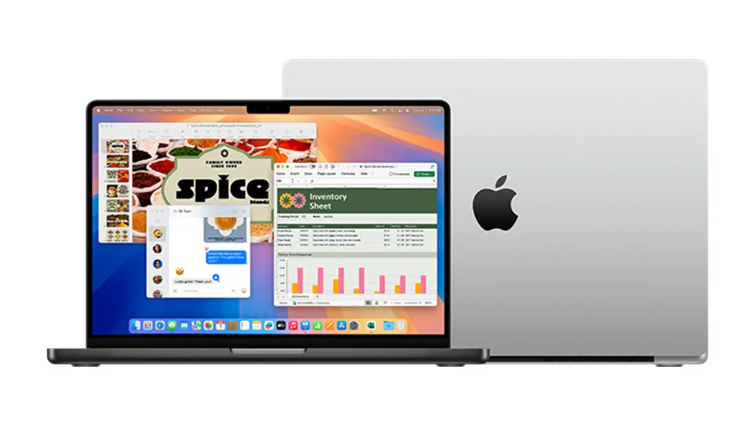 Laptop wyświetla okno z arkuszem kalkulacyjnym i grafiką. Obok stoi zamknięty laptop ze znaczkiem jabłka.