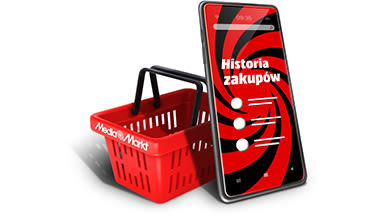 Telefon wyświetlający napis Historia zakupów, stojący pionowo, oparty o koszyk zakupowy.