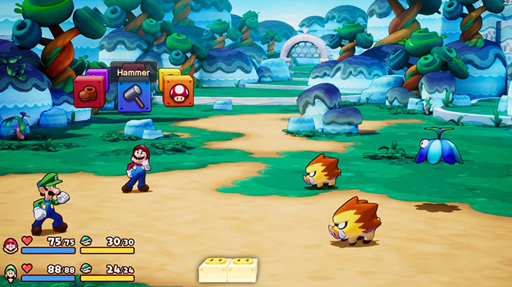 Gra wideo z Mario i Luigim na zielonym terenie z brązowymi ścieżkami. W tle stylizowane na niebiesko drzewa i budowle.