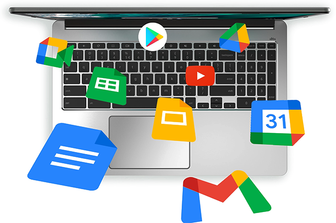 Laptop z ikonami aplikacji Google, w tym Dysk, Dokumenty, Gmail, Kalendarz i YouTube.