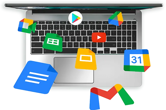 Laptop z ikonami aplikacji Google, w tym Dysk, Dokumenty, Gmail, Kalendarz i YouTube.