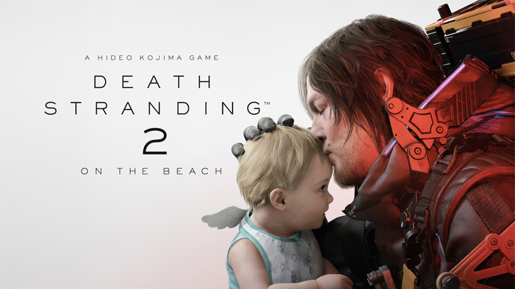 Plakat "Death Stranding 2: On the Beach" ukazuje mężczyznę w kombinezonie, który całuje w głowę małe dziecko.
