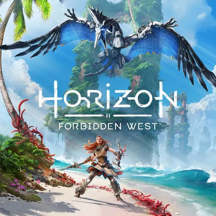 Krajobraz z postacią z gry Horizon, plażą, morzem i mechanicznym ptakiem na tle tytułu "Forbidden West".