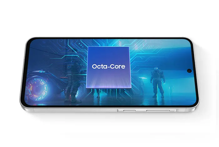 Telefon z ekranem wyświetlającym futurystyczną grafikę z tekstem "Octa-Core" na niebieskim tle, pojazd i postać w tle.