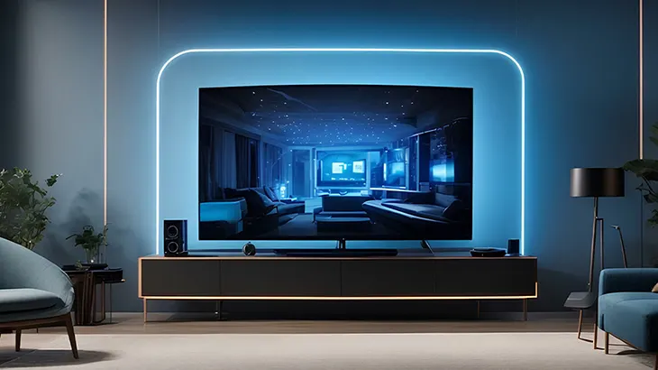 Salon z telewizorem z niebieską obudową, szafką RTV i lampą podłogową na tle niebieskich ścian.