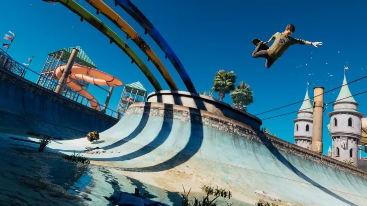 Postać z THPS wykonuje trick w powietrzu na nowej mapie Waterpark