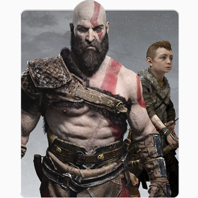 Na obrazie widoczny jest mężczyzna z brodą i czerwonymi znakami na ciele, obok niego stoi młody chłopiec.