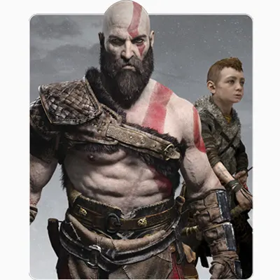 Na obrazie widoczny jest mężczyzna z brodą i czerwonymi znakami na ciele, obok niego stoi młody chłopiec.