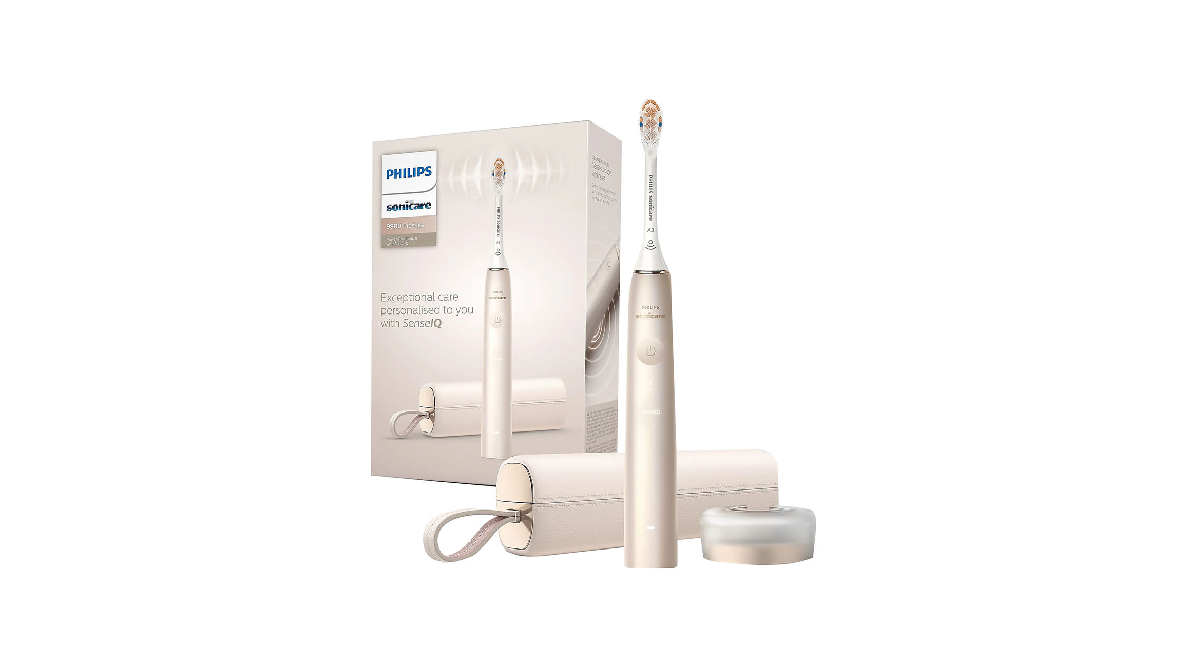 Złota szczoteczka soniczna Philips z futerałem podróżnym, ustawiona pionowo na białym tle.