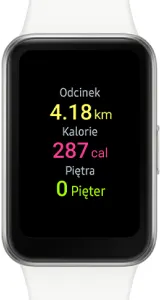 Zbliżenie na inteligentny zegarek z czarnym ekranem pokazującym dane: dystans 4.18 km, kalorie 287 i 0 pięter. Biały pasek zegarka.