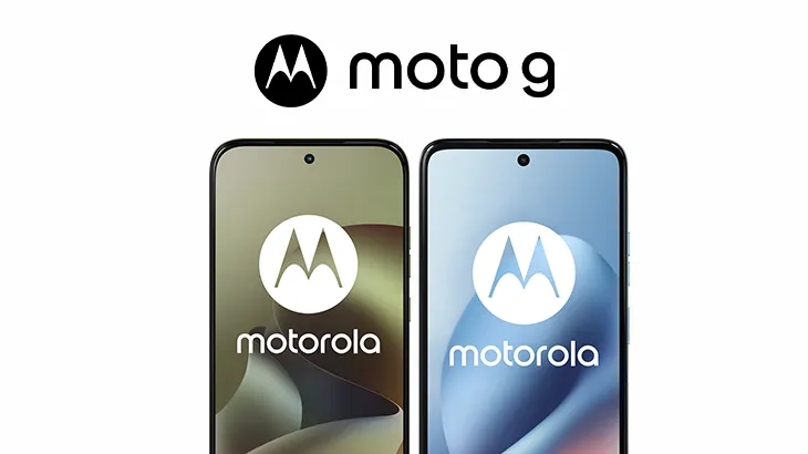 Dwa smartfony moto g zielony i niebieski na białym tle. U góry logo motoroli i moto g napis.