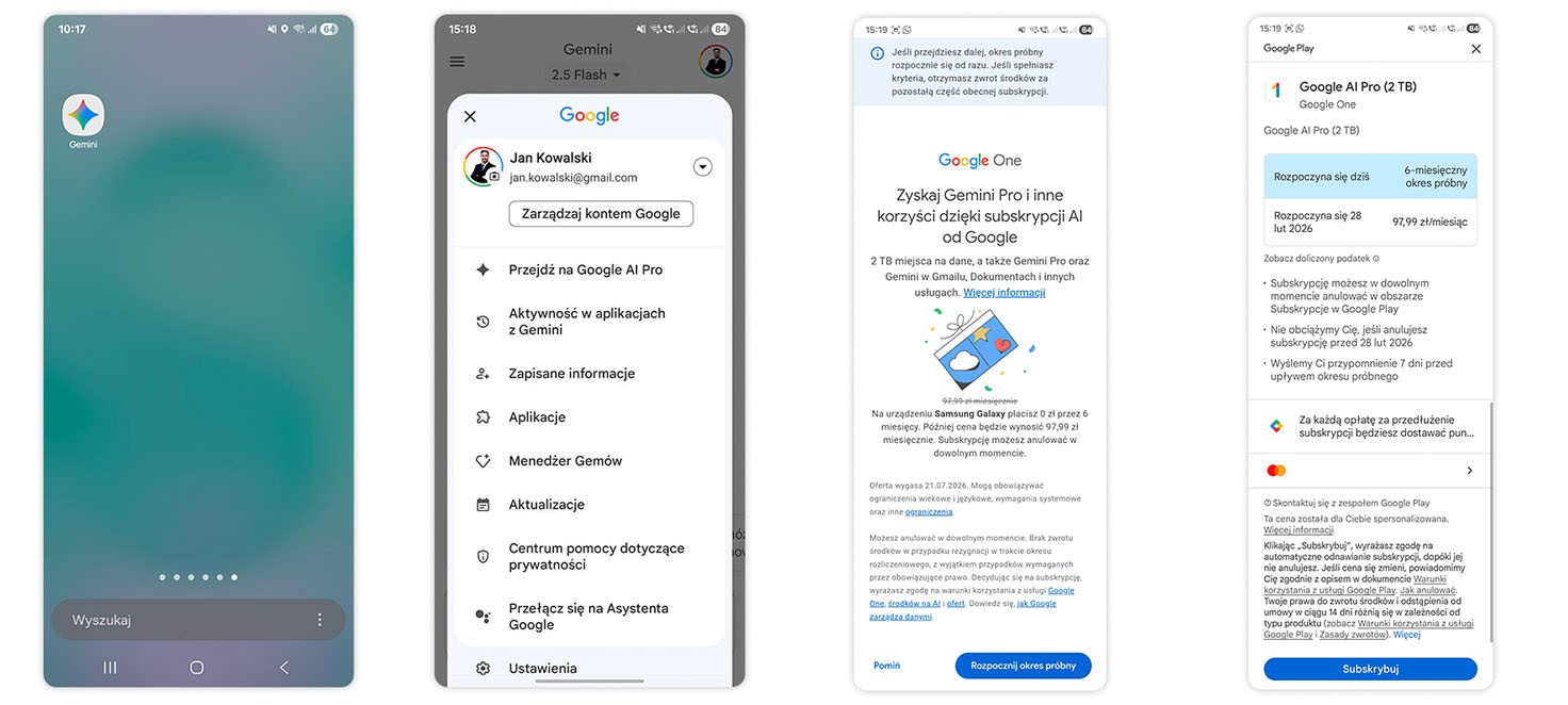Prezentacja kroków jak zyskać subskrypcję Gemini AI