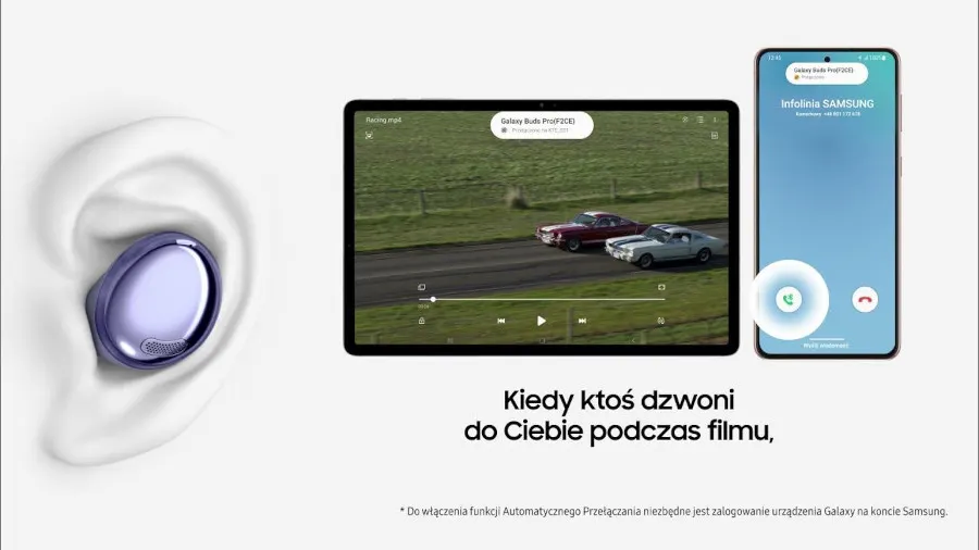 Reklama prezentuje słuchawkę w uchu, tablet odtwarzający film i telefon z połączeniem od Samsung.