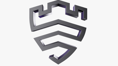 Trójwymiarowe, grafitowe logo "knox" w kształcie tarczy z blankami zamku u góry; wewnątrz trzy segmenty tworzące literę „S”; białe tło.