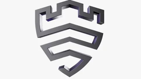 Trójwymiarowe, grafitowe logo "knox" w kształcie tarczy z blankami zamku u góry; wewnątrz trzy segmenty tworzące literę „S”; białe tło.