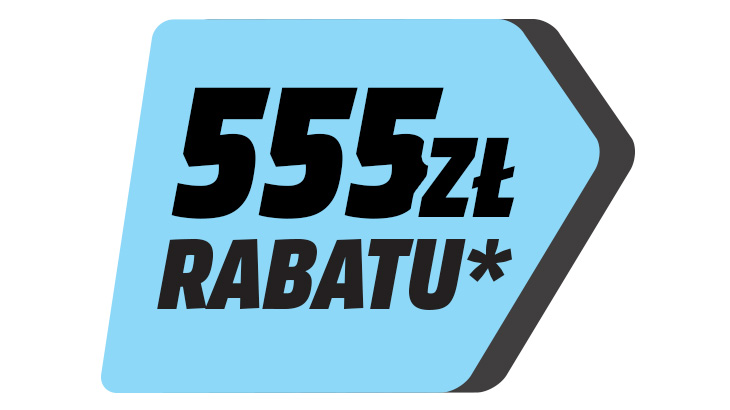 Niebieska ikona z napisem "555zł RABATU*" czarną czcionką, obramowana na czerwono po prawej stronie.