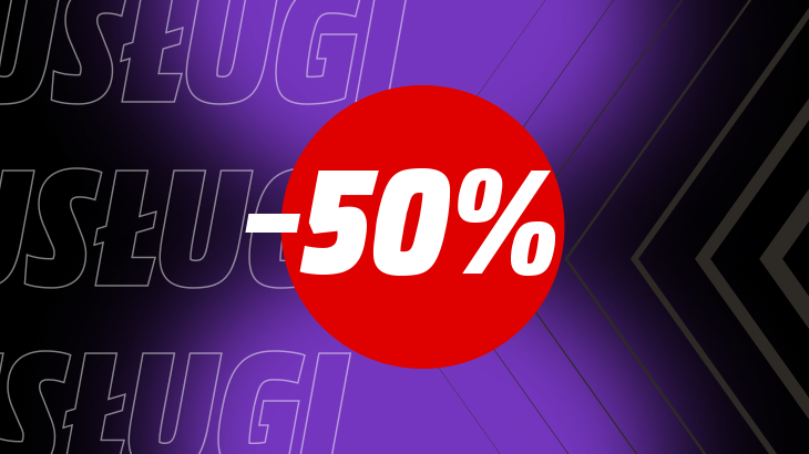 -50% w czerwonym kółku, na fioletowo szarym tle.