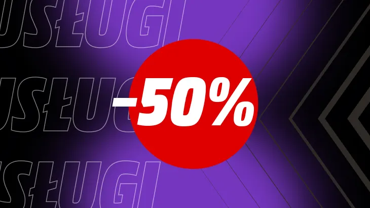 -50% w czerwonym kółku, na fioletowo szarym tle.