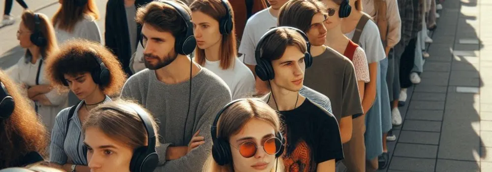 Na zdjęciu tłum osób w słuchawkach stoi na chodniku w świetle słonecznym.