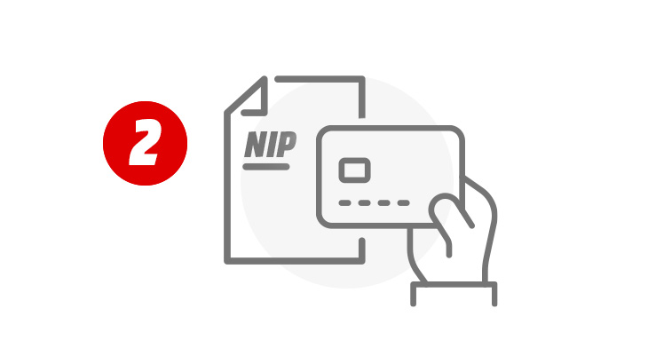 Na białym tle czerwone koło z liczbą 2, obok szara dłoń trzymająca kartą oraz kartka z napisem NIP.