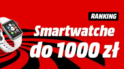 Dwa smartwatche na czerwonym tle z czarnymi wirami. Biały napis "Smartwatche do 1000 zł" i "Ranking" w czarnej ramce.
