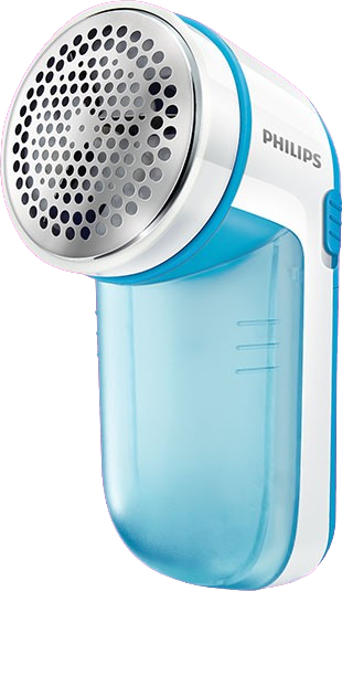 Elektryczna golarka do ubrań Philips w kolorze białym i błękitnym, z metalową siatką z otworami na głowicy.