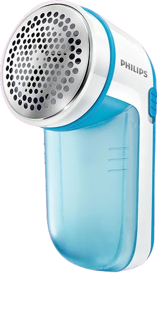 Elektryczna golarka do ubrań Philips w kolorze białym i błękitnym, z metalową siatką z otworami na głowicy.