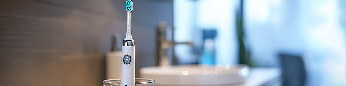 Elektryczna szczoteczka do zębów w szklance. Tło: umywalka i bateria.