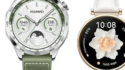 Dwa smartwatche: jeden srebrny z zielonym paskiem, drugi złoty z białym. Ekrany pokazują godzinę, kroki i inne dane.