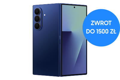 Granatowy smartfonGalaxy Z Fold 7, pokazany przodem i tyłem; po prawej niebieska plakietka z napisem ‘ZWROT DO 1500 ZŁ’.