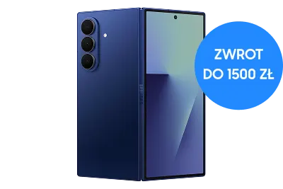 Granatowy smartfonGalaxy Z Fold 7, pokazany przodem i tyłem; po prawej niebieska plakietka z napisem ‘ZWROT DO 1500 ZŁ’.