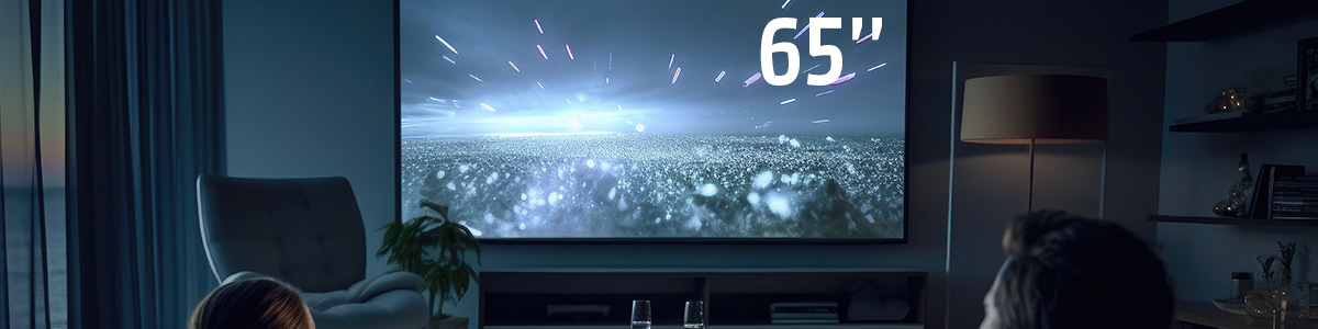 Salon z dużym telewizorem 65 cali, na którym wyświetlane są efekty świetlne. Widoczne osoby oglądające, lampa i regał.