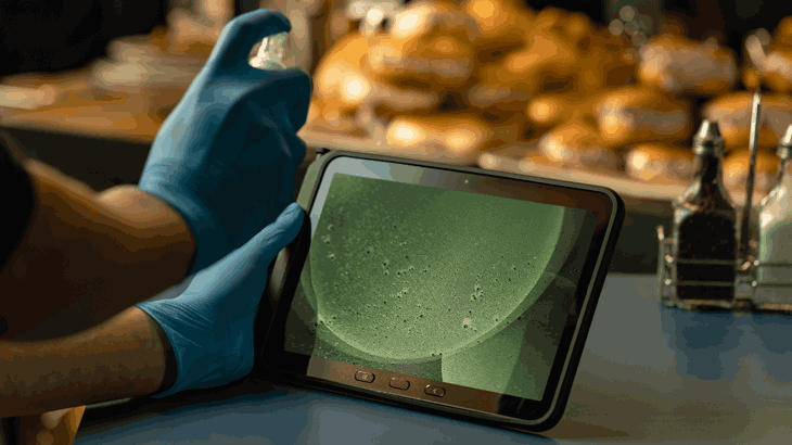 Dłonie trzymające tablet Samsung Galaxy Rugged Enterprise Edition pryskając jakiś środek czyszczący na ekran.