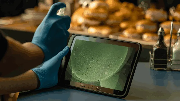 Dłonie trzymające tablet Samsung Galaxy Rugged Enterprise Edition pryskając jakiś środek czyszczący na ekran.